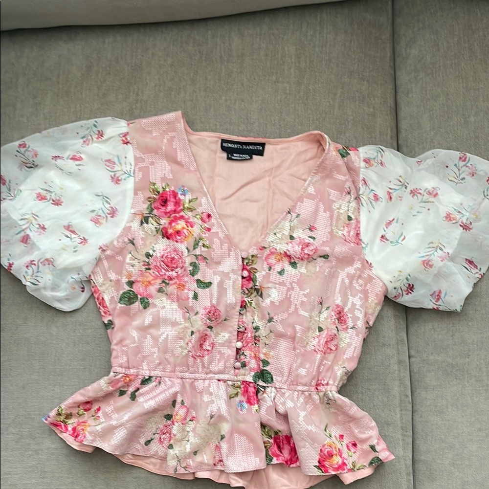 Anthropologie Pink Floral Blouse with Puff Sleeves